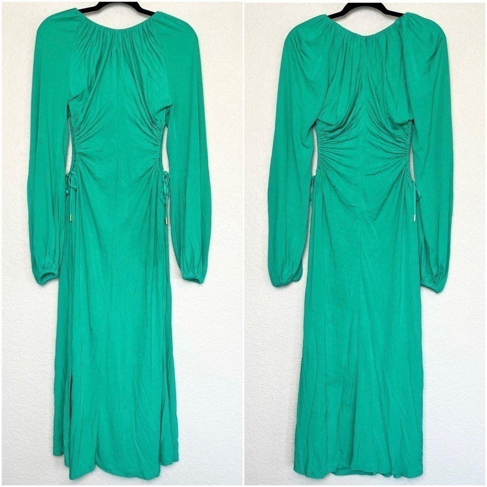 REBECCA VALLANCE 70s Ruched Tie Waist Cutout Long Bell Sleeve Disco Midi Dress 8 - Picture 9 of 15